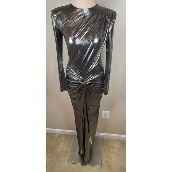 Retrofete Fenella Long Sleeve Ruched Twist Metallic Gunmetal Maxi Dress Size S - Picture 4 of 10